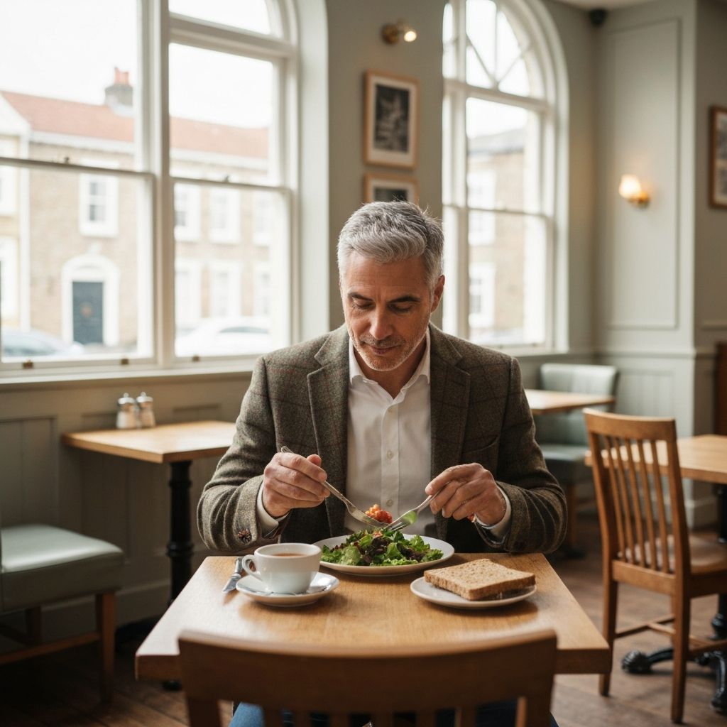 Person eating a calm, balanced lunch in a quiet British café