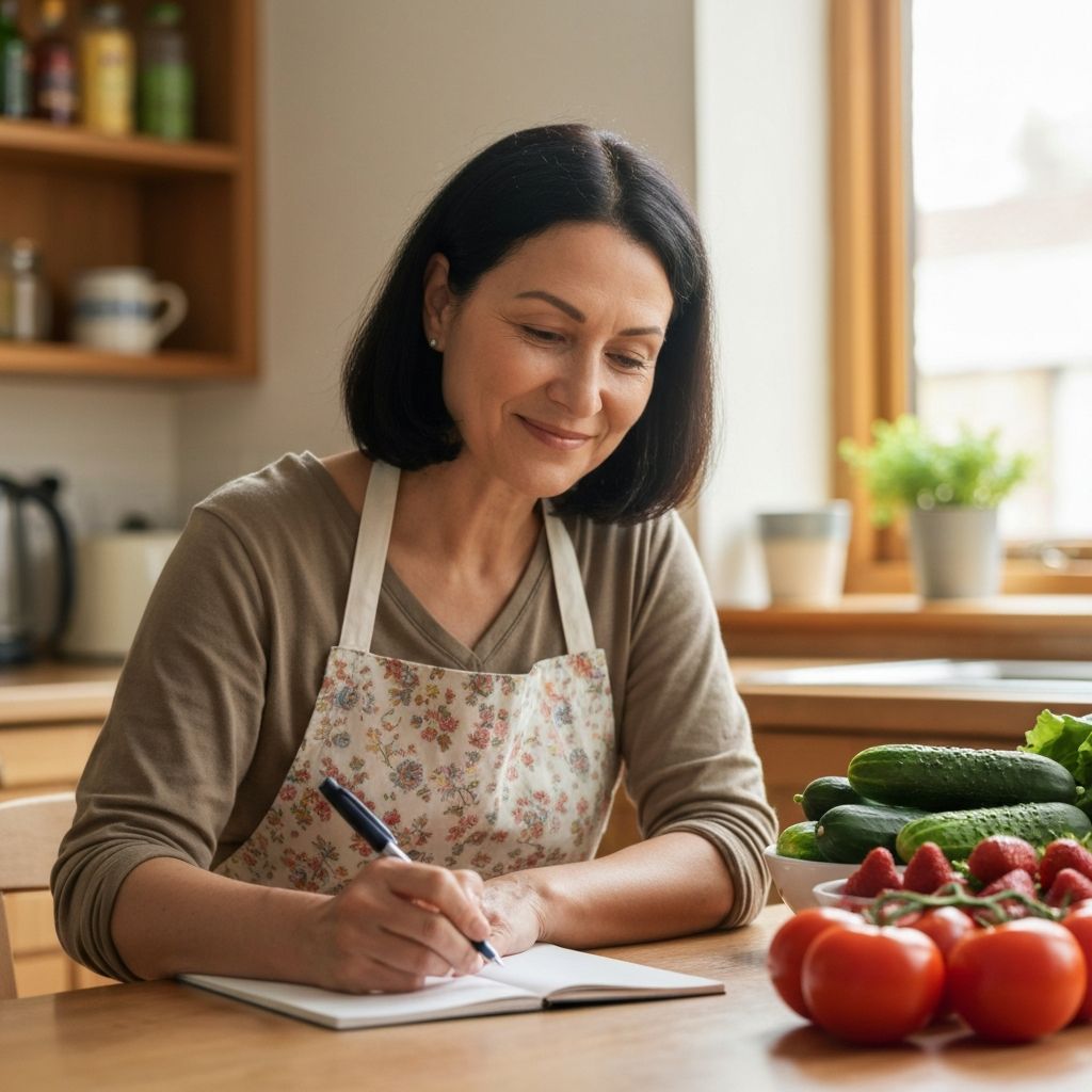 Woman writing a grocery list at a kitchen table