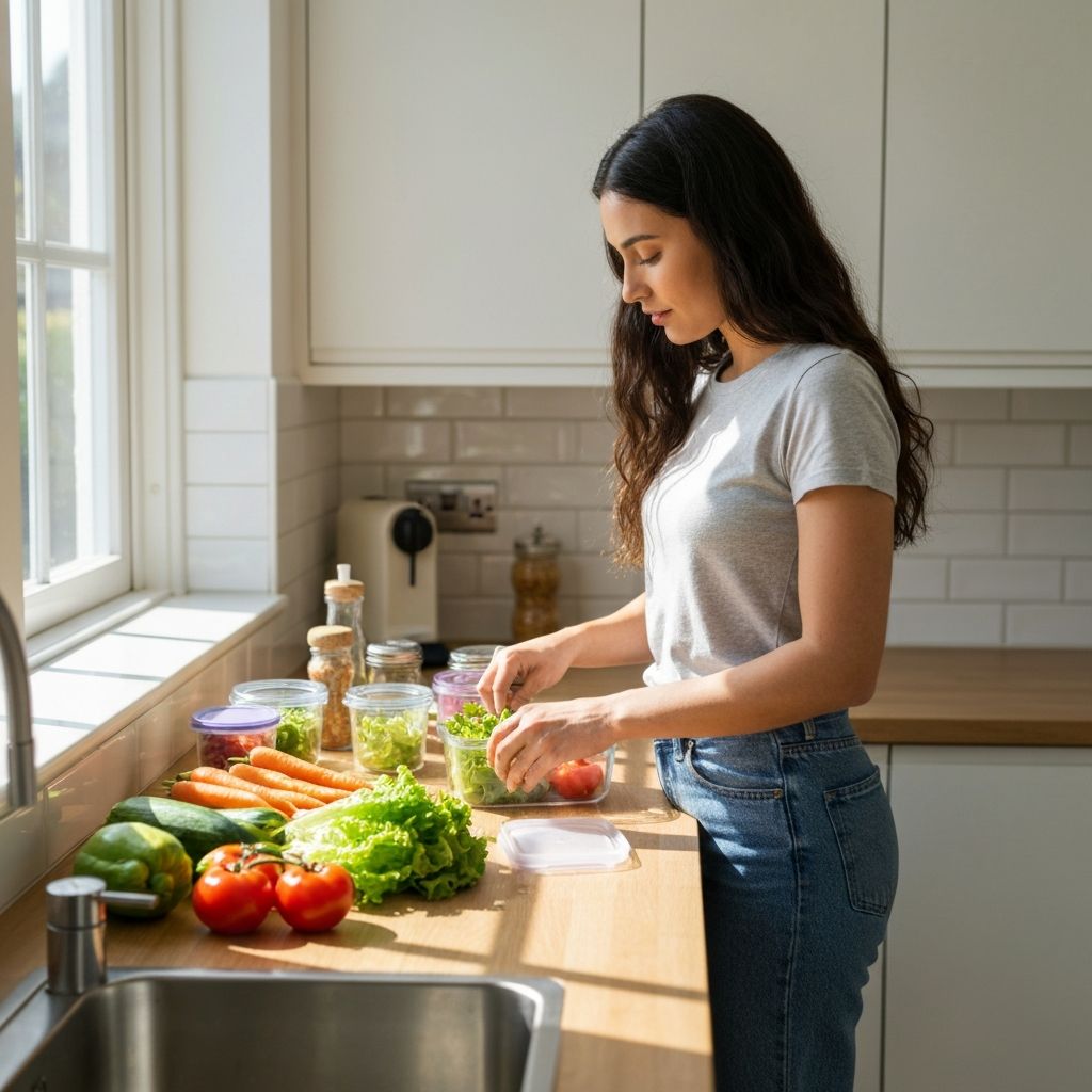 Person packing a healthy lunch at a kitchen counter